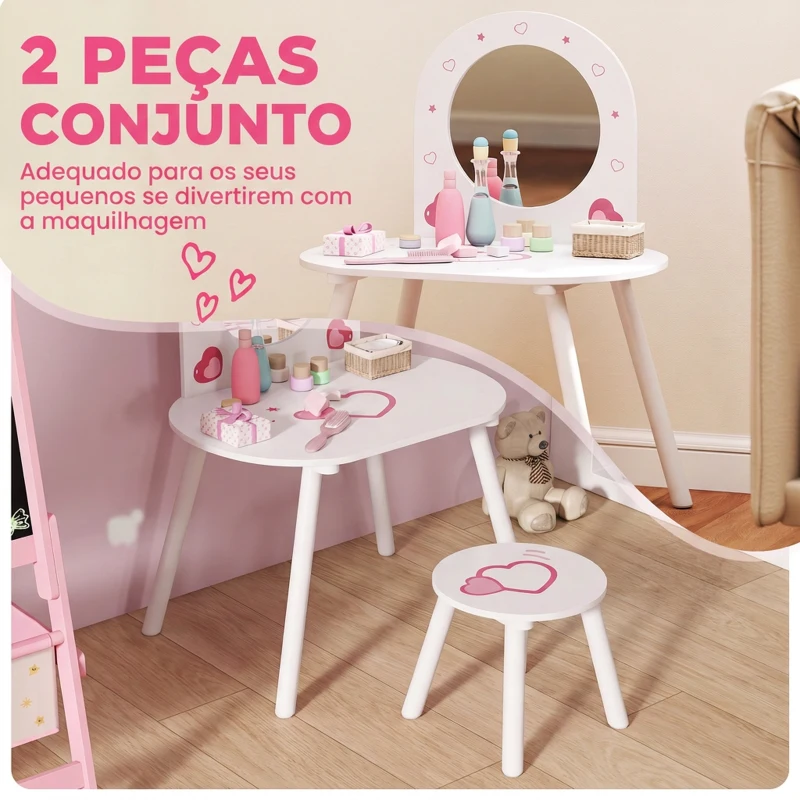 AIYAPLAY Penteadeira Infantil com Banco e Espelho, para Meninas, com Desenhos de Corações, para Crianças de 3-6 Anos, Branca