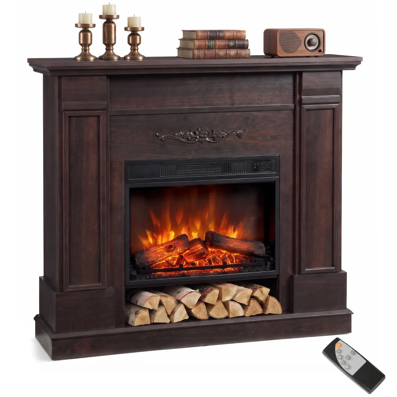 HOMCOM Elektrokamin freistehend/einbaubar mit Rahmen und Ablage für TV 140 cm, 1800 W, 3D-Flammeneffekt, Timer, Braun
