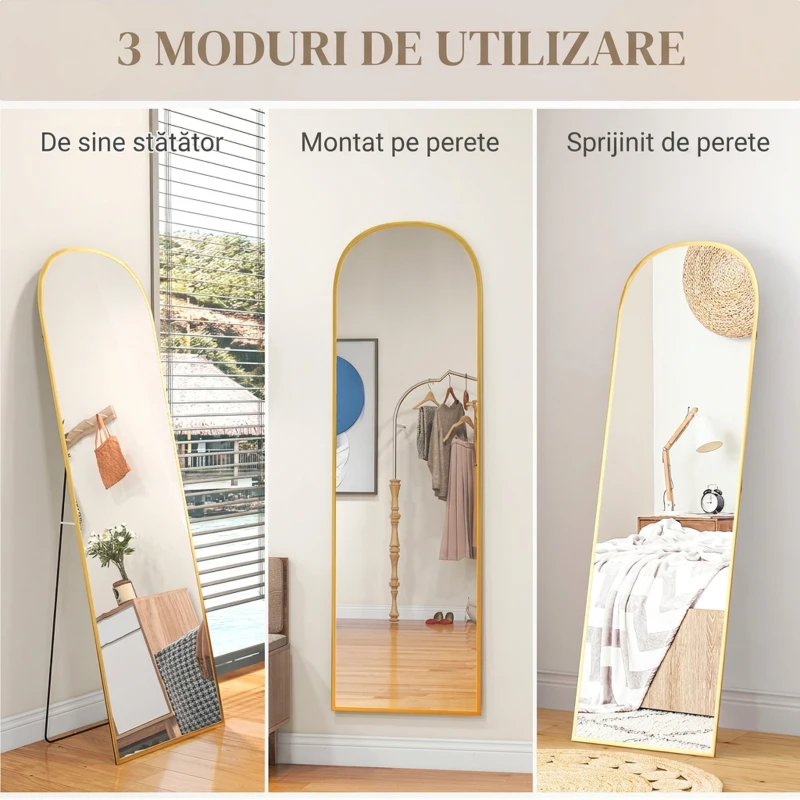 HOMCOM Oglindă de Podea și Perete Modernă din Aliaj de Aluminiu cu Suport Pliabil, 50x161.5 cm, Aur