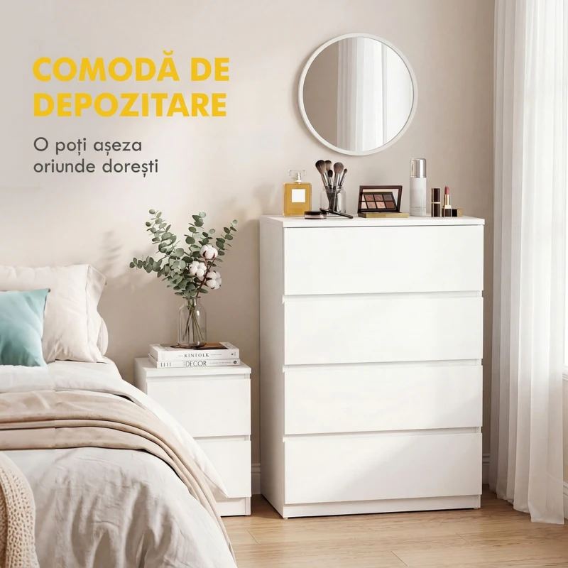 HOMCOM Comodă cu 4 Sertare din PAL cu Șine Metalice și Margini Înclinate, 60x40x80 cm, Alb(m-4)