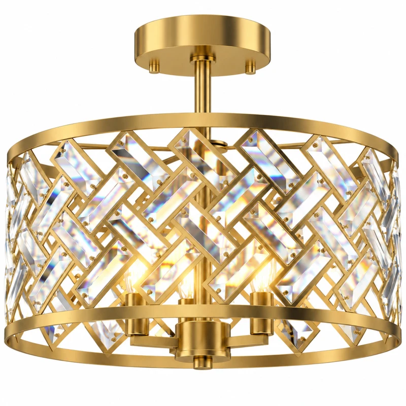 HOMCOM Plafonnier en Cristal Moderne Rond, Lustre Plafonnier avec Abat-jour, 3 Ampoules E14, Ø 39 x 34 cm, Doré