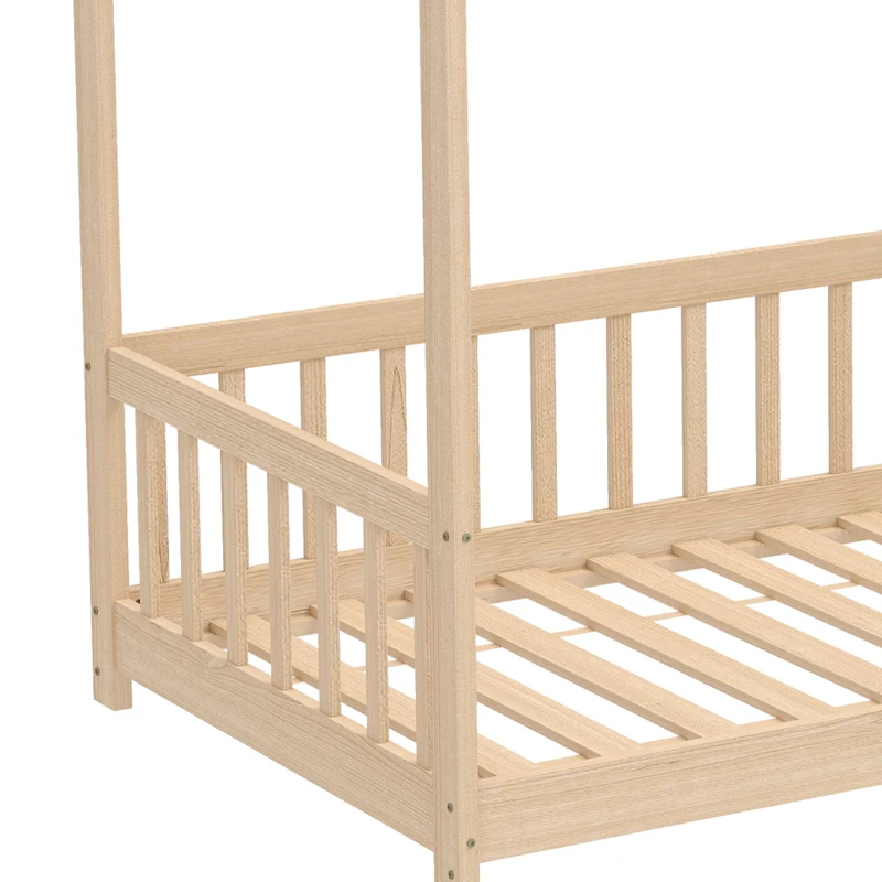 HOMCOM House-Shaped Kids Bed Frame with Guard Rails, Solid Pine Wood Single Bed Frame for Kids Boys and Girls, Natural