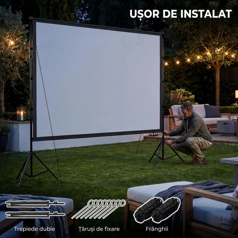 HOMCOM Ecran pentru Proiector 120" 16:9 HD 4K/8K, Unghi de Vizualizare 160°, Dublă Față și Trepied Pliabil, Alb