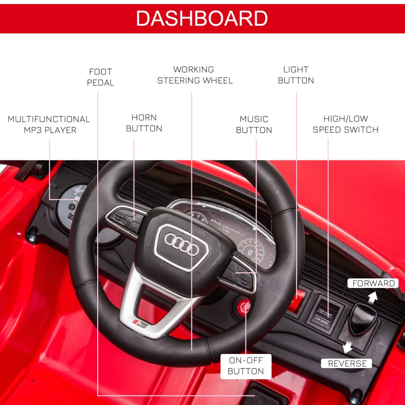 HOMCOM Audi RS Q8 Licensed Kids Electric Car, 6V 7Ah Kids' Electric Ride on with Remote Control, 7Ah Big Battery, Lights, Music USB, for 3-5 Years Old, Red