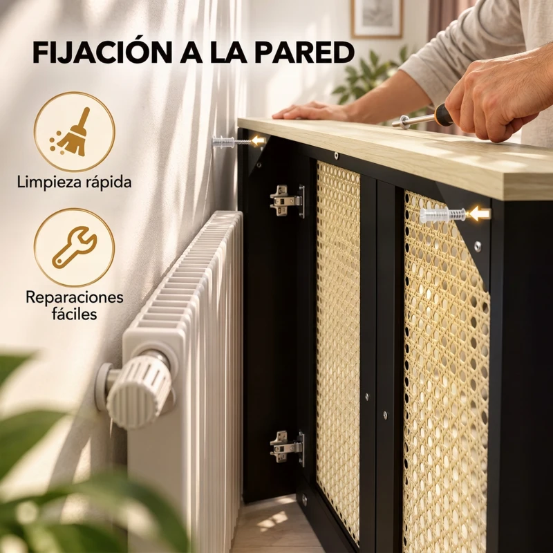 HOMCOM Cubre Radiadores con 2 Puertas de Ratán Cubreradiador Cubierta para Radiador para Salón Dormitorio 78x19x75 cm Negro