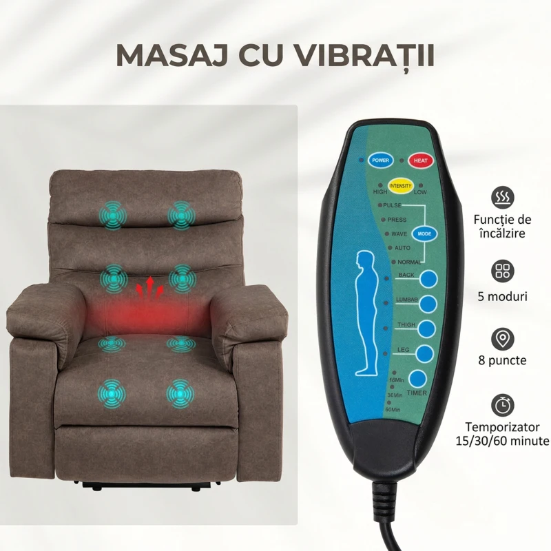 HOMCOM Fotoliu Rabatabil cu Funcție de Masaj și Încălzire, Dotat cu Motor Dublu, Maro Închis