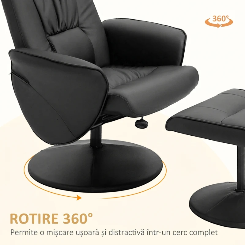 HOMCOM Fotoliu Relax Rotativ 360° din Metal și Piele Sintetică, cu Suport pentru Picioare, Spătar Reglabil, Negru