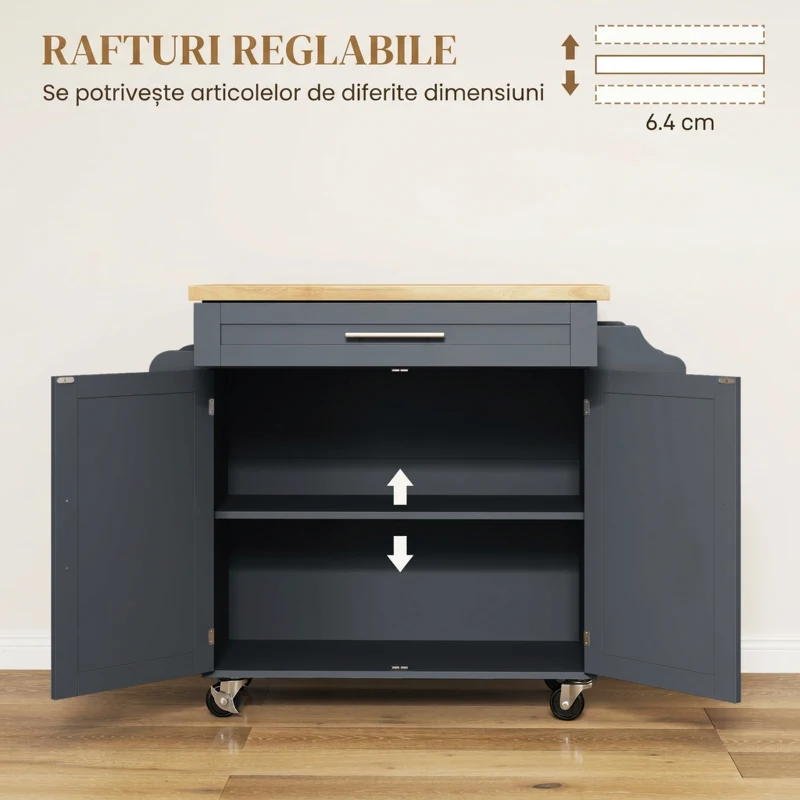 HOMCOM Carucior de bucătărie din lemn cu sertar, suport pentru condimente și dulap, 109x40x89 cm, gri și culoare lemn