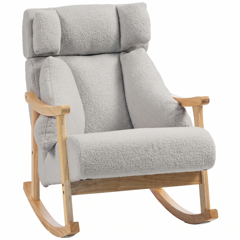 HOMCOM Fauteuil à bascule rembourré en bouclé avec appuie-tête réglable et pieds en bois 65x98x88 cm Gris clair