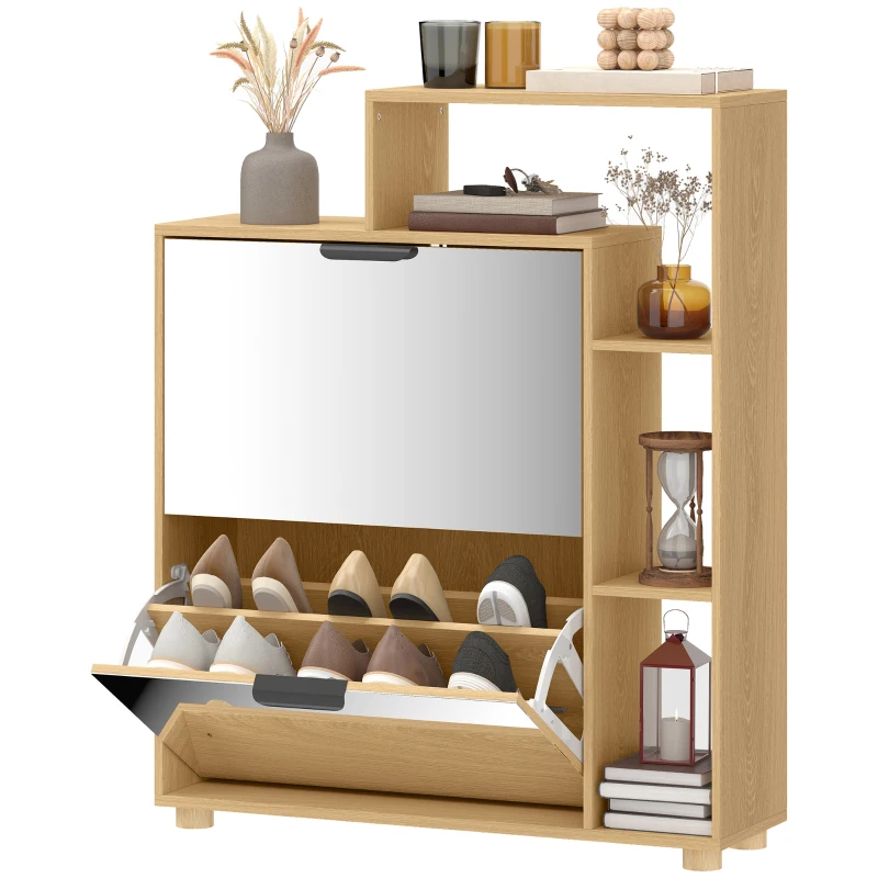 HOMCOM Schuhschrank 10 Paar, Schuhschrank, Spiegeltür, 2 Klappfächer und offene Fächer, Eiche