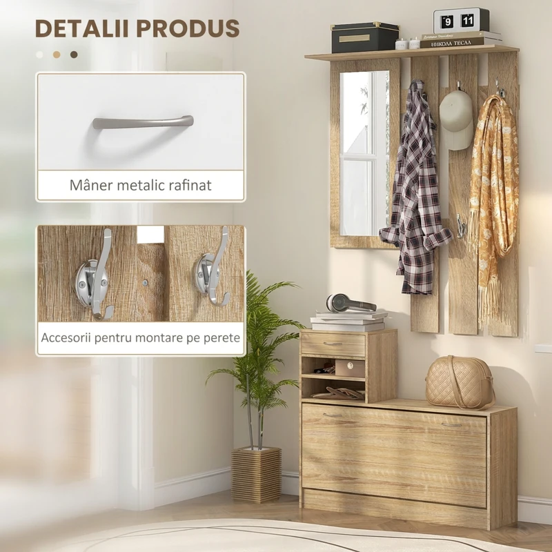 HOMCOM Cuier 3 în 1 cu Suport pentru Pantofi și Oglindă, Cârlige și Sertare, din Lemn, 90x24x177 cm, Culoare Stejar