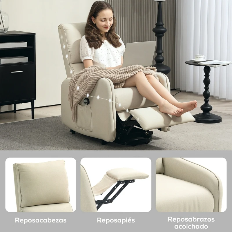 HOMCOM Fauteuil Relax Reclinable Électrique Releveur en Tissu Effet Lin Télécommande Assise à Ressorts Repose-pieds Beige