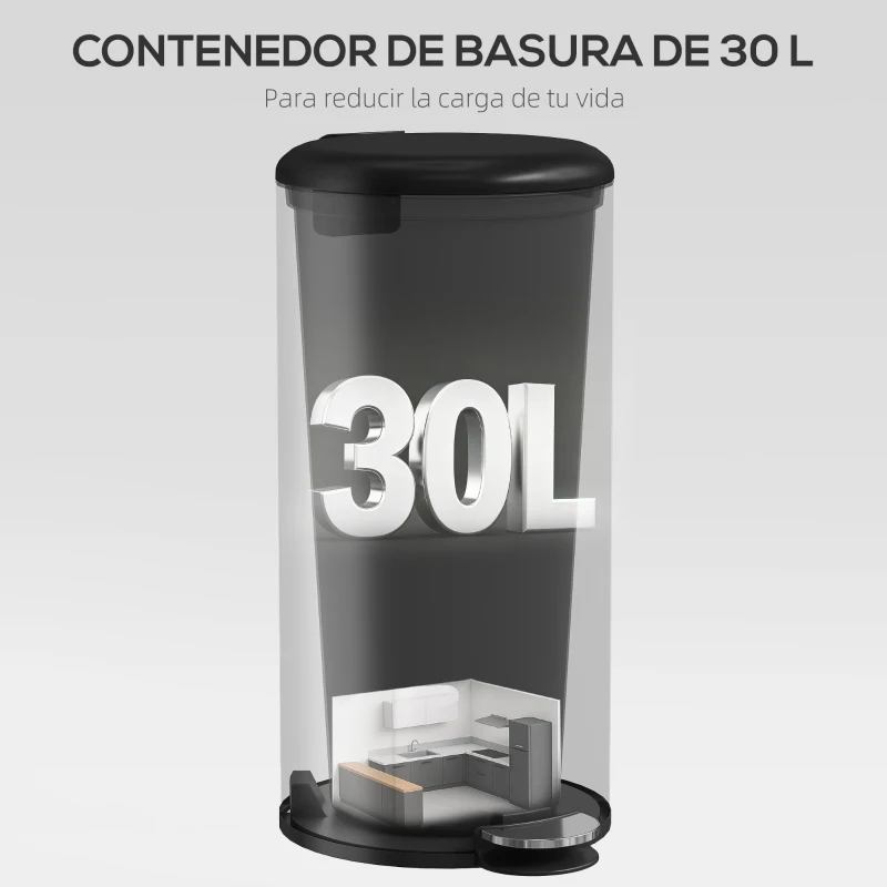 HOMCOM Papelera de Cocina 30L con Pedal Tapa de Cierre Suave y Cubo Extraíble para Dormitorio Oficina Estudio Salón Negro