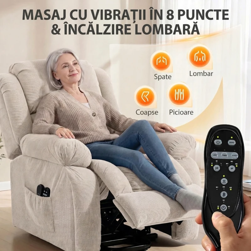 HOMCOM Fotoliu Electric de Ridicare 150°, Șezut Lat, Masaj, Încălzire, Catifea, Bej