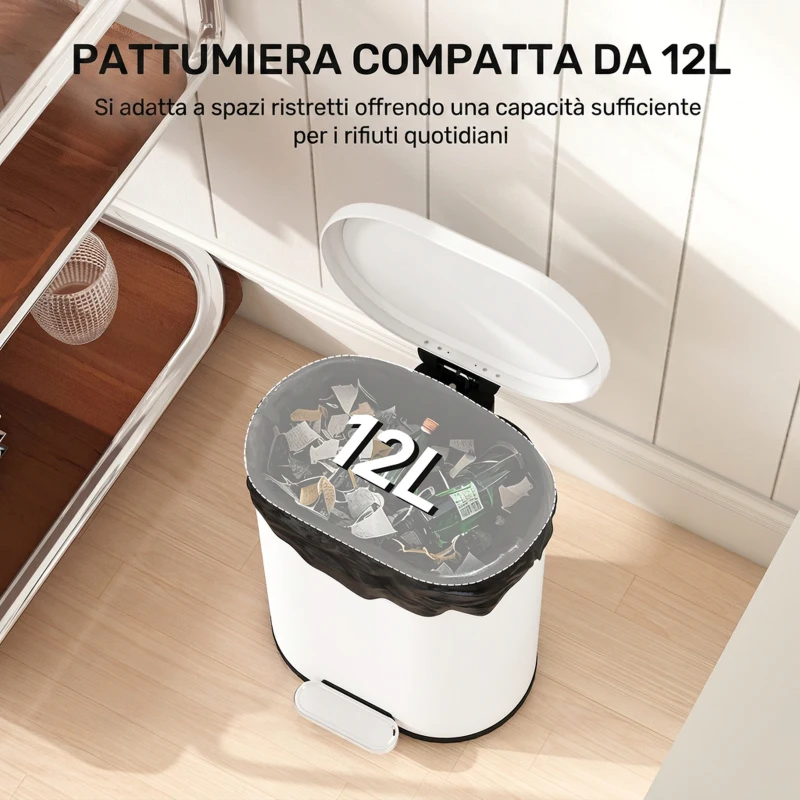 HOMCOM Pattumiera Rettangolare a Pedale 12L in Metallo con Secchio Interno Rimovibile, Chiusura Ammortizzata, Bianco