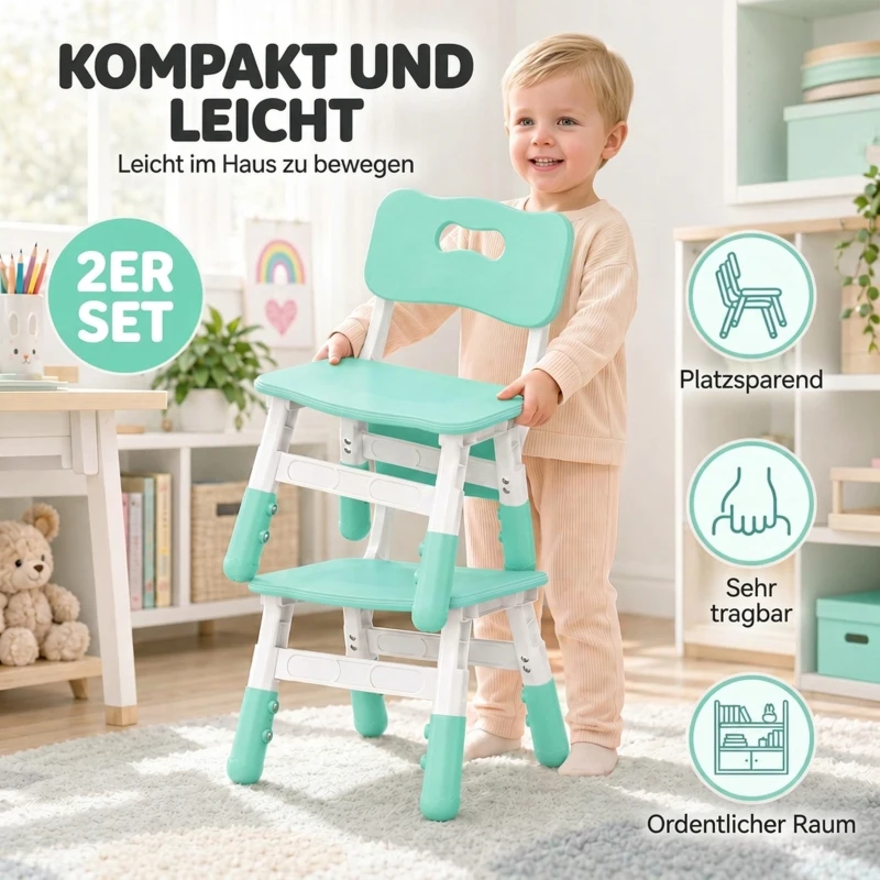 AIYAPLAY Schreibtischstuhl Kinder 2er Set, 26-30cm höhenverstellbar ergonomischer Rückenlehne armlose für 1,5–8 Jahren Grün