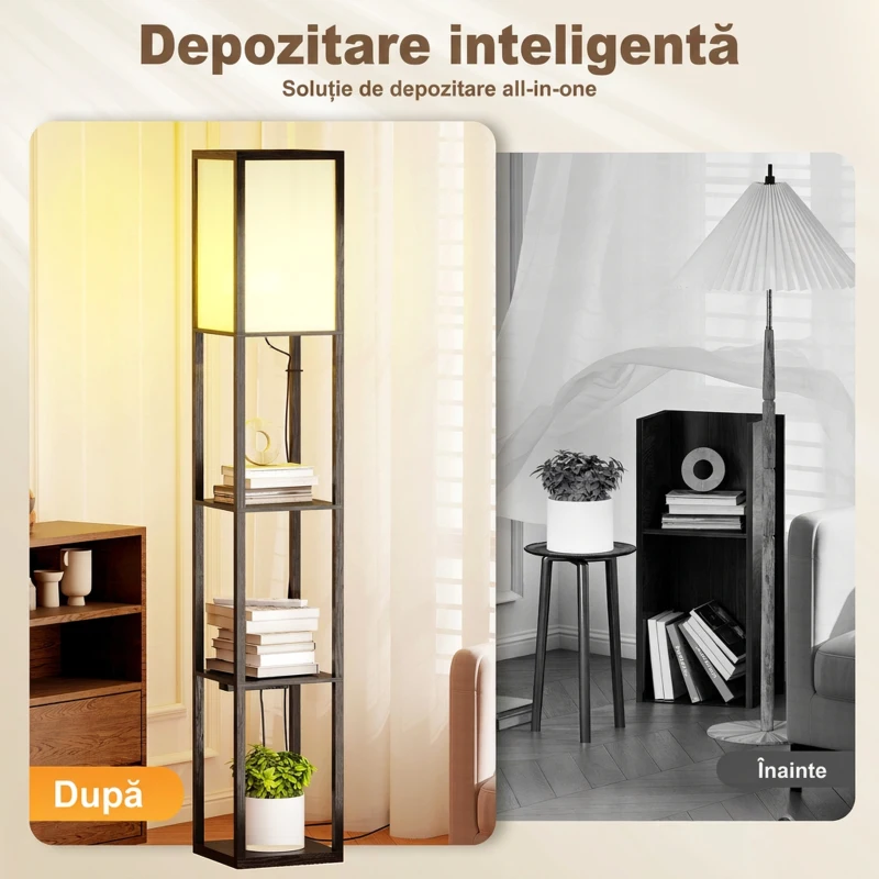 HOMCOM Lampă de Podea cu Rafturi, Lumină Ajustabilă, Comutator cu Pedală și Porturi USB, Negru
