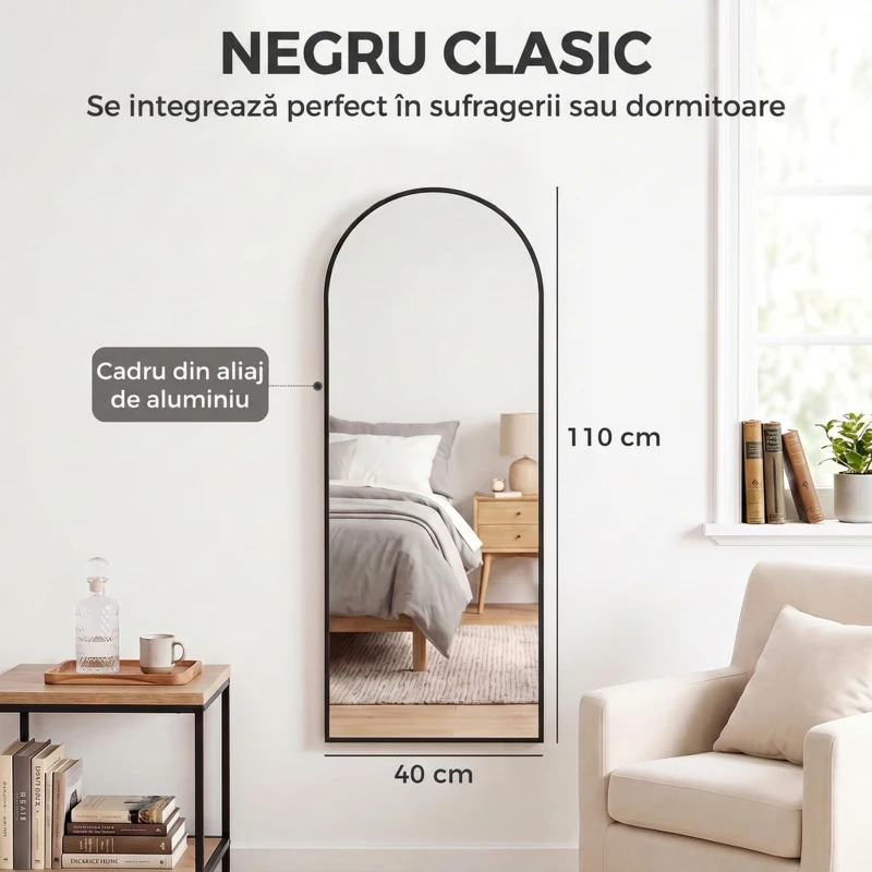 HOMCOM Oglindă de Perete Arcuită 110x40 cm, Ramă din Aluminiu, Cârlige, Design Modern, Negru