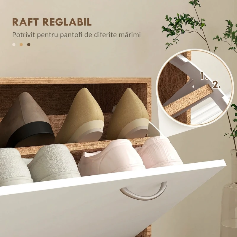 HOMCOM Mobilier Cuier 3 în 1 cu Suport pentru Pantofi și Oglindă, Cârlige și Sertare, din Lemn, 90x24x177 cm, Alb și Nuc