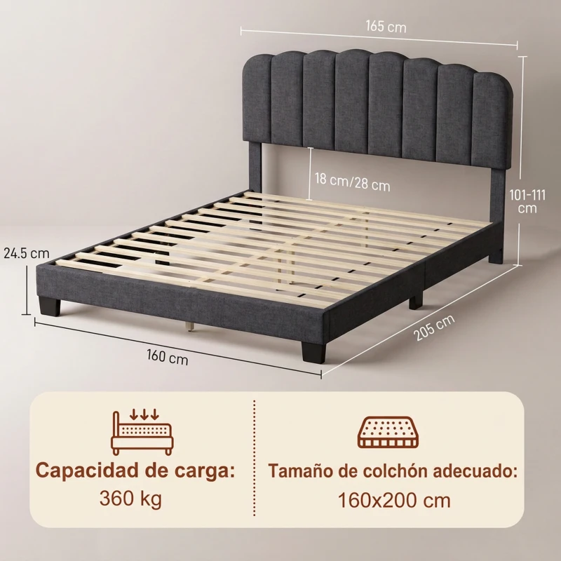 HOMCOM Polsterbett Doppel 160x200 cm mit verstellbarem, gepolstertem Kopfteil, Lattenrost, einfache Montage, Dunkelgrau