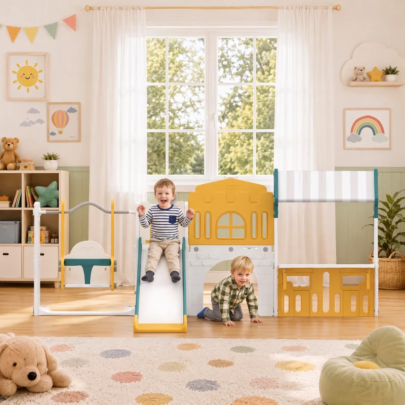 AIYAPLAY Ensemble Toboggan et Balançoire 11 en 1 Enfants, Aire de Jeux Intérieure, Maisonnette, Panier de Basket, 1-4 Ans, Jaune