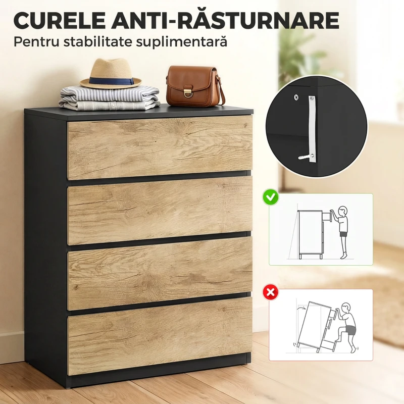 HOMCOM Comodă cu 4 Sertare din Lemn cu Șine Metalice și Mânere Frezate, 60x40x80 cm, Negru și Stejar