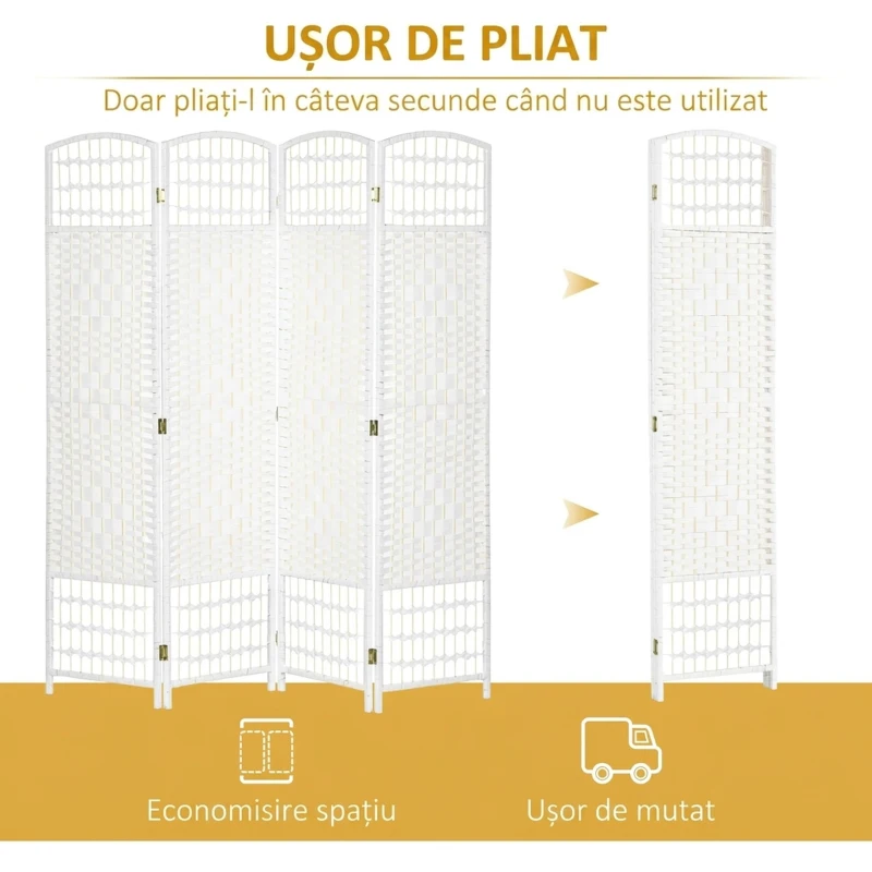 HOMCOM Paravan cu 4 panouri pliabil pentru interior, autoportant și împletit, 160x170 cm, alb