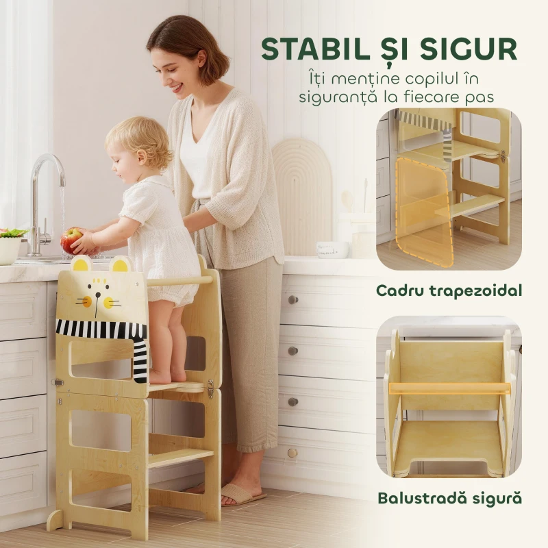 AIYAPLAY Turn Montessori pentru Copii 2-5 Ani cu Tablă și Măsuță, din Lemn, 57x39x93 cm, culoare Lemn