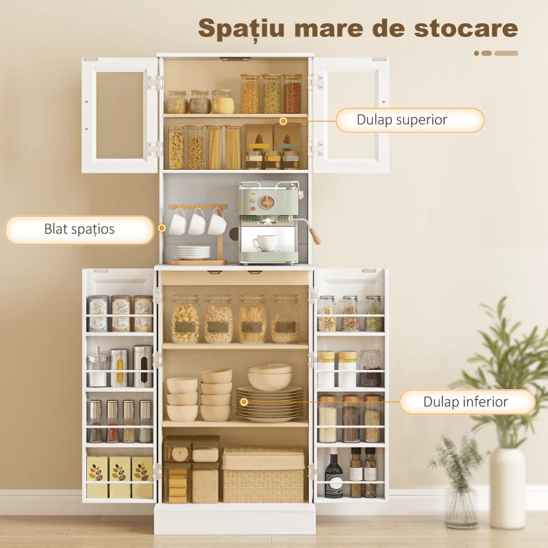 HOMCOM Bufet înalt de bucătărie 180 cm, 8 rafturi pentru condimente pe uși, uși din acril, raft reglabil, orificiu pentru cabluri, alb