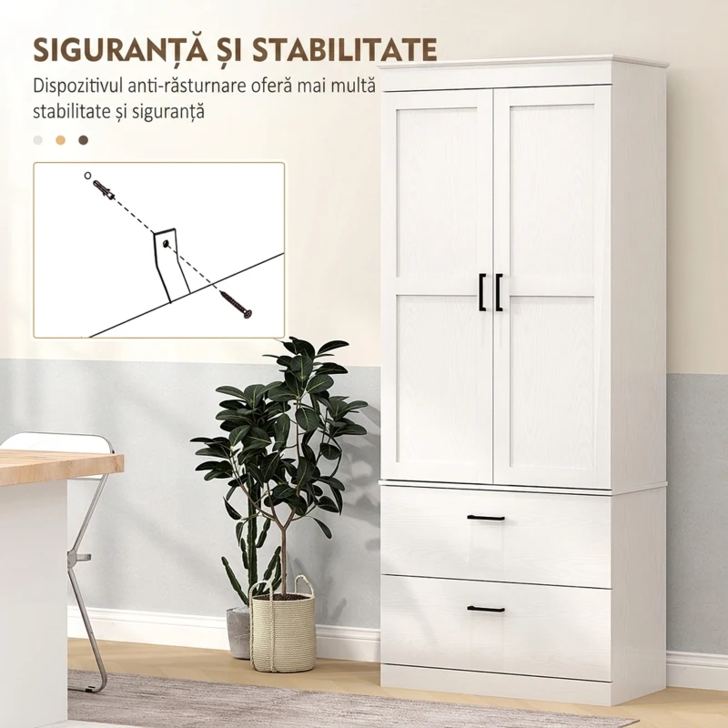 HOMCOM Bufet Înalt de Bucătărie 178 cm, Dulap Tip Cămară cu 2 Sertare și Rafturi Reglabile, pentru Dining și Living, 75x39x178 cm, Crem