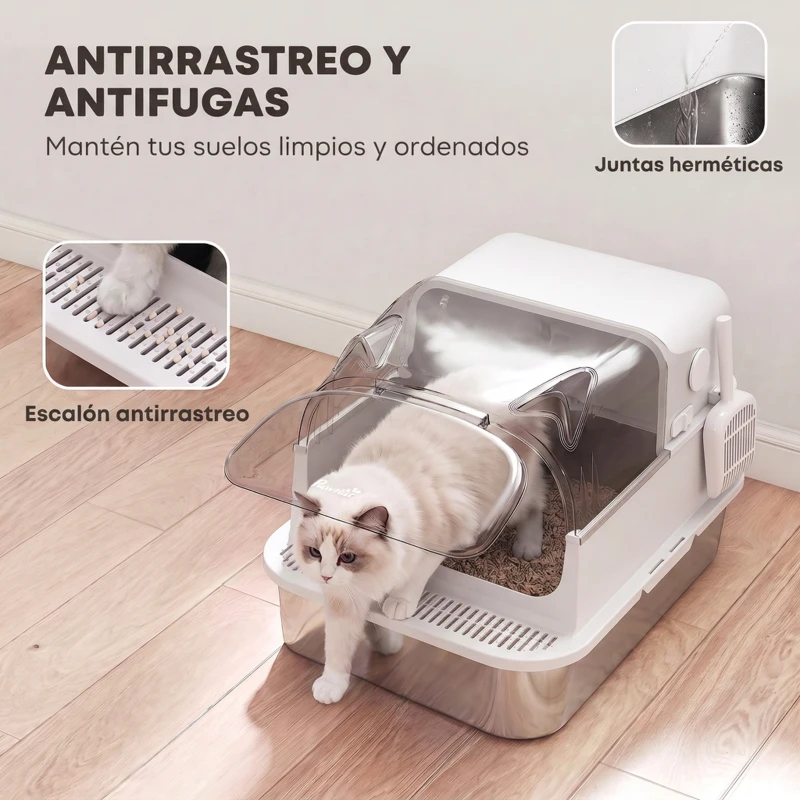 PawHut Arenero para Gatos de Acero Inoxidable XXL con Tapa Extraíble 3 en 1 Borde Alto Pedal Pala Diseño Desmontable Blanco