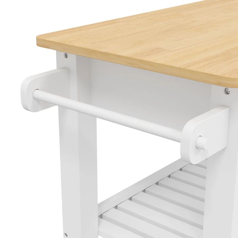 HOMCOM Kitchen Trolley Utility Cart on Wheels with Rubberwood Worktop, Towel Rack, Storage Shelves & Drawer for Dining Room