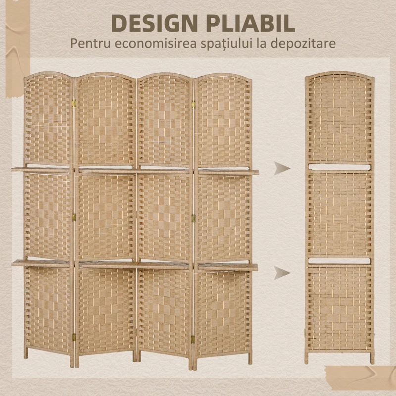 HOMCOM Paravan de interior cu 4 panouri pliabil și rafturi 160x170 cm, culoare naturală
