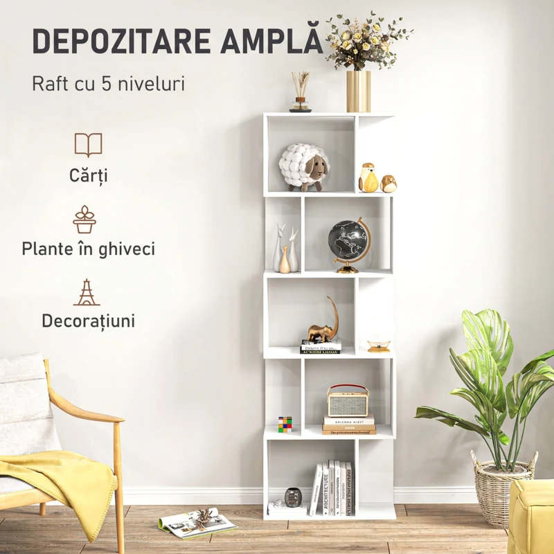 HOMCOM Bibliotecă din lemn cu 5 rafturi și separator, 60x24x184,5 cm, alb
