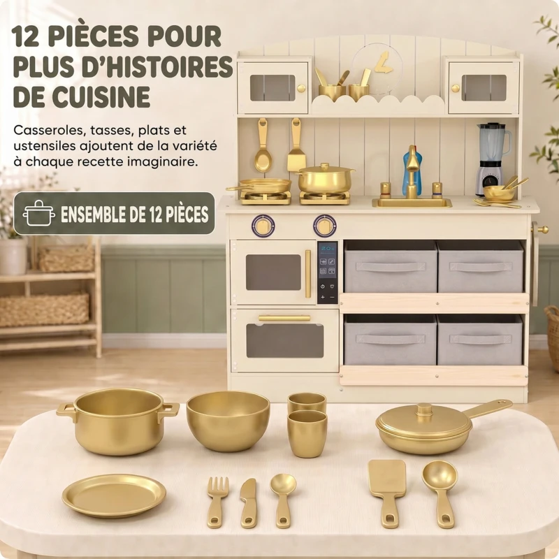 AIYAPLAY Cuisine Enfant, Cuisine en Bois Enfant Dinette, Effet Lumières et Sons, 4 Bacs en Tissu, 12 Accessoires, 3-6 Ans, Crème