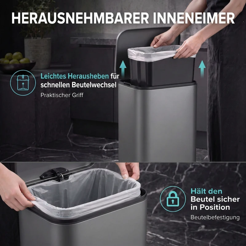 HOMCOM 30 L Mülleimer, schmaler Metall-Abfalleimer mit Kunststoff-Inneneimer, Soft-Close-Deckel und Fußpedal, Dunkelgrau