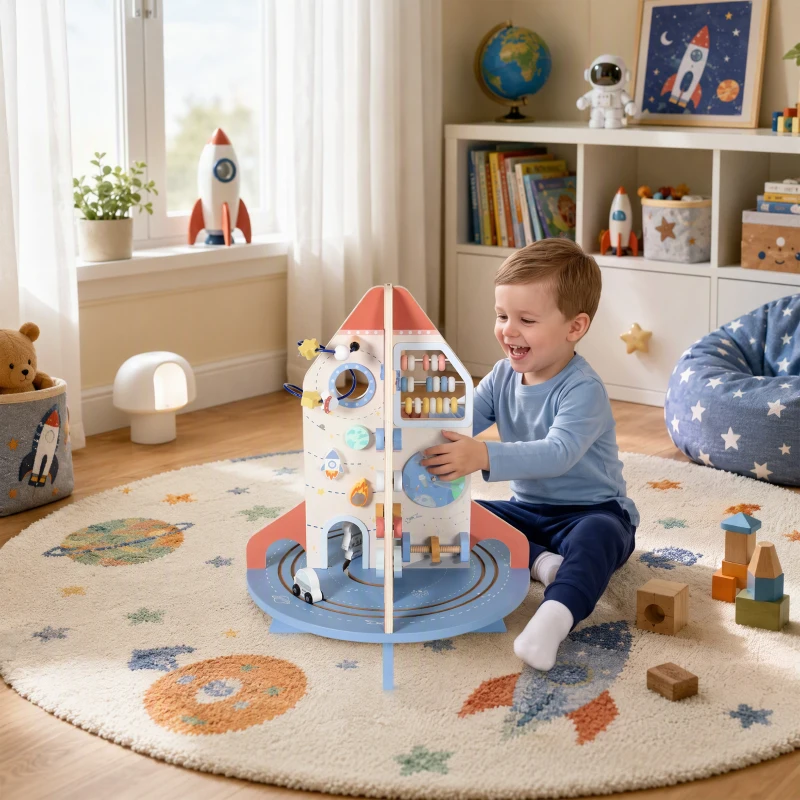 AIYAPLAY Wooden Activity Cube, Rocket Theme Educational Toys with Shape Sorter & Bead Maze for Toddlers 24M-6Y Fine Motor Skill
