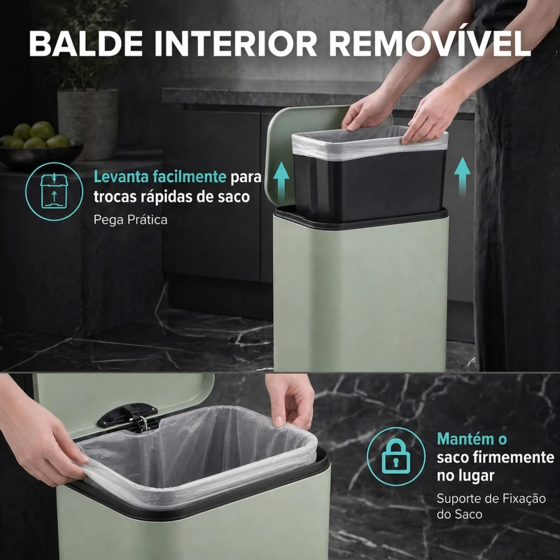 HOMCOM Caixote do Lixo de Cozinha 20 L em Aço Galvanizado com Tampa de Fecho Suave, Pedal, Balde Removível e Acabamento Anti-impressões Digitais Verde-Claro