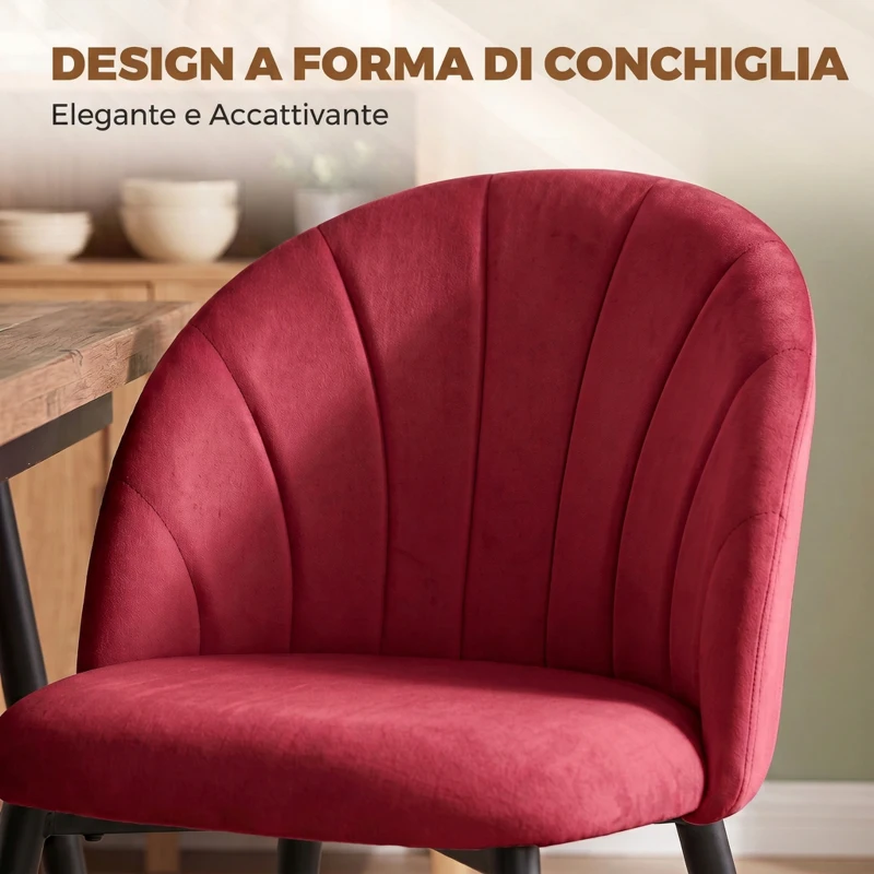 HOMCOM Set 2 Sedie da Pranzo Imbottite con Schienale a Conchiglia in Velluto, 52x55x79 cm, Rosso Vino