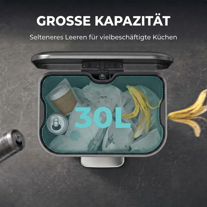 HOMCOM 30 L Mülleimer, schmaler Metall-Abfalleimer mit Kunststoff-Inneneimer, Soft-Close-Deckel und Fußpedal, Dunkelgrau