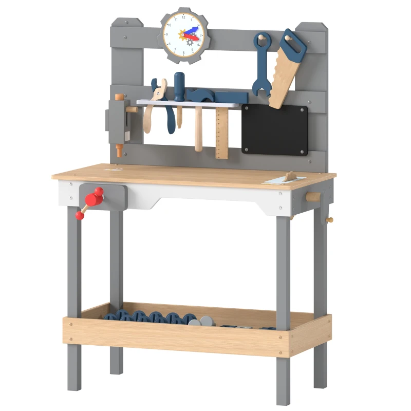 AIYAPLAY Banco da Lavoro per Bambini in Legno con Set di Attrezzi 15 Pezzi, Orologio, Lavagna, Ripiano, 3-6 Anni, Grigio