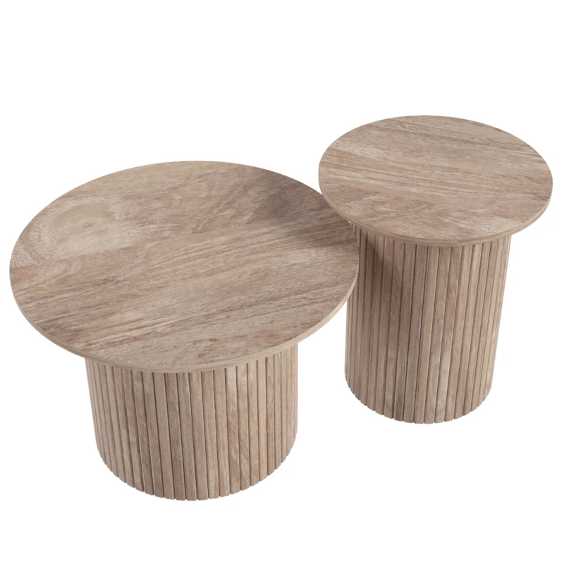 HOMCOM Lot de 2 Tables Basses Rondes en Bois, Table d'Appoint Moderne avec Base en Colonne Cannelée, Effet Bois Café Vieilli