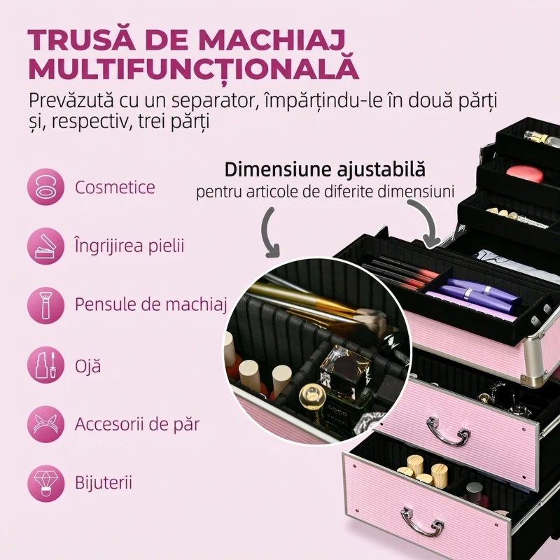 HOMCOM Husa pentru calatorii de machiaj, carucior mare de depozitare pentru produse cosmetice, portbagaj pentru carucior de calatorie cu blocare cu tavi pliabile, roti pivotante si chei, roz