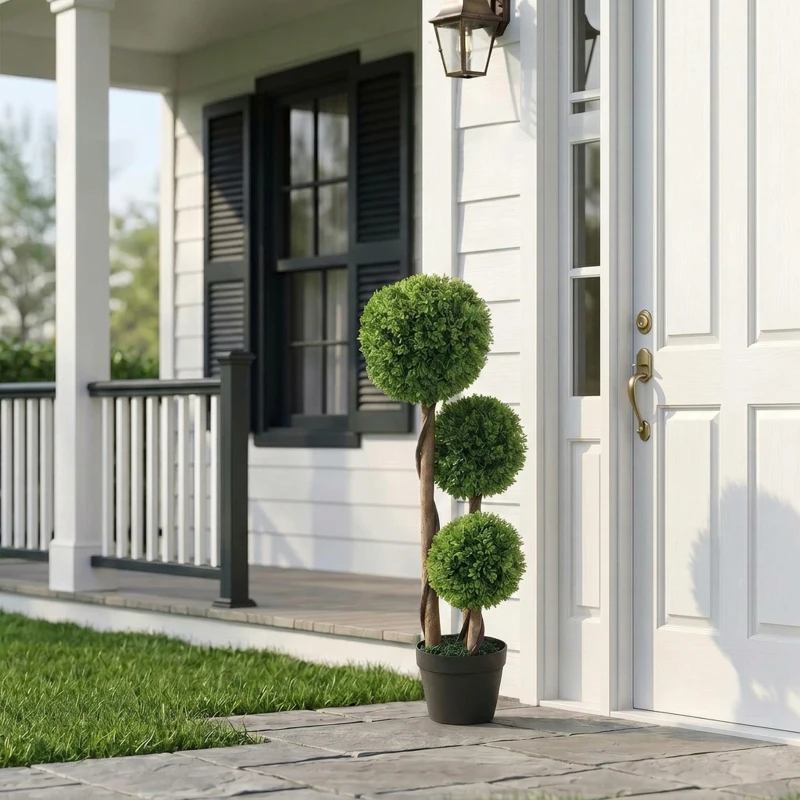 HOMCOM Set 2 Plante Artificiale de Buxus cu 3 Sfere, cu Ghiveci și Fund Întărit, Înălțime 90 cm, pentru Interior și Exterior