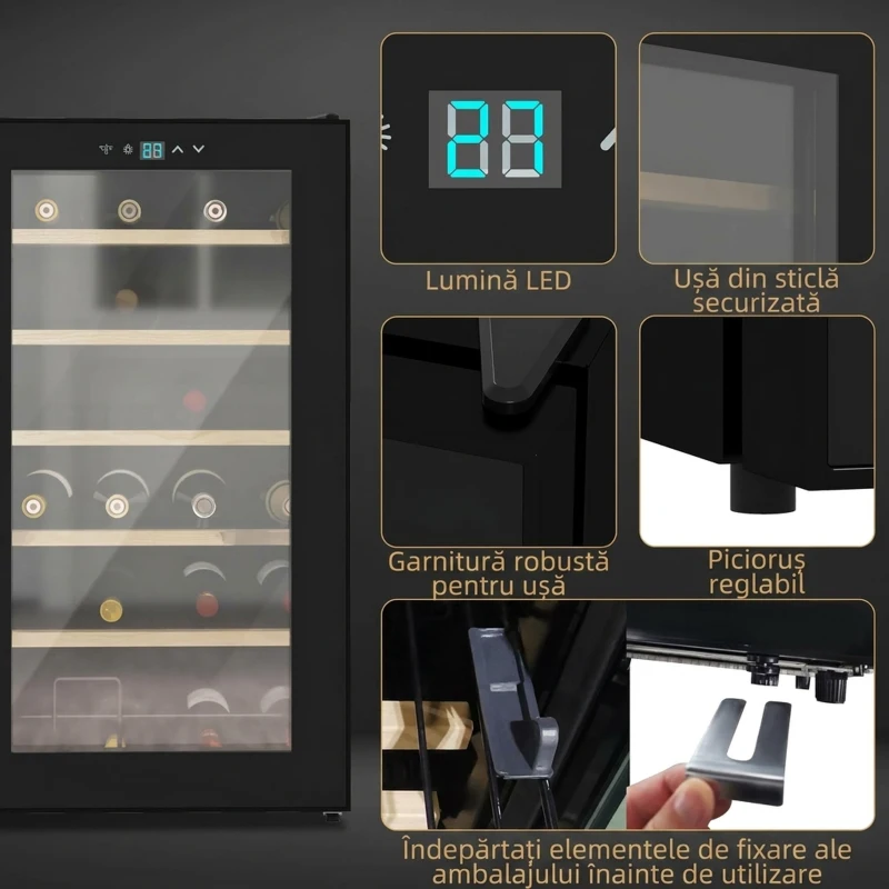 HOMCOM Frigider pentru Vin pentru 24 de Sticle, Capacitate 65L, Control al Temperaturii și Rafturi Detasabile, Negru