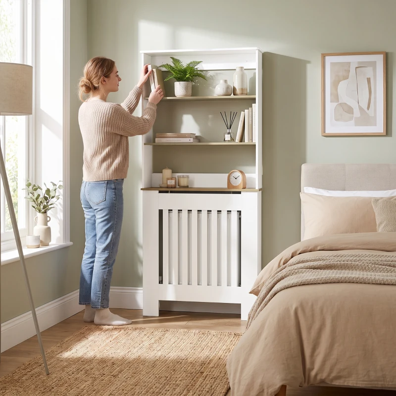 HOMCOM Copritermosifoni a Doghe a 3 Ripiani, Copri Termosifone Moderno in MDF per Soggiorno, 78x19x165 cm, Bianco