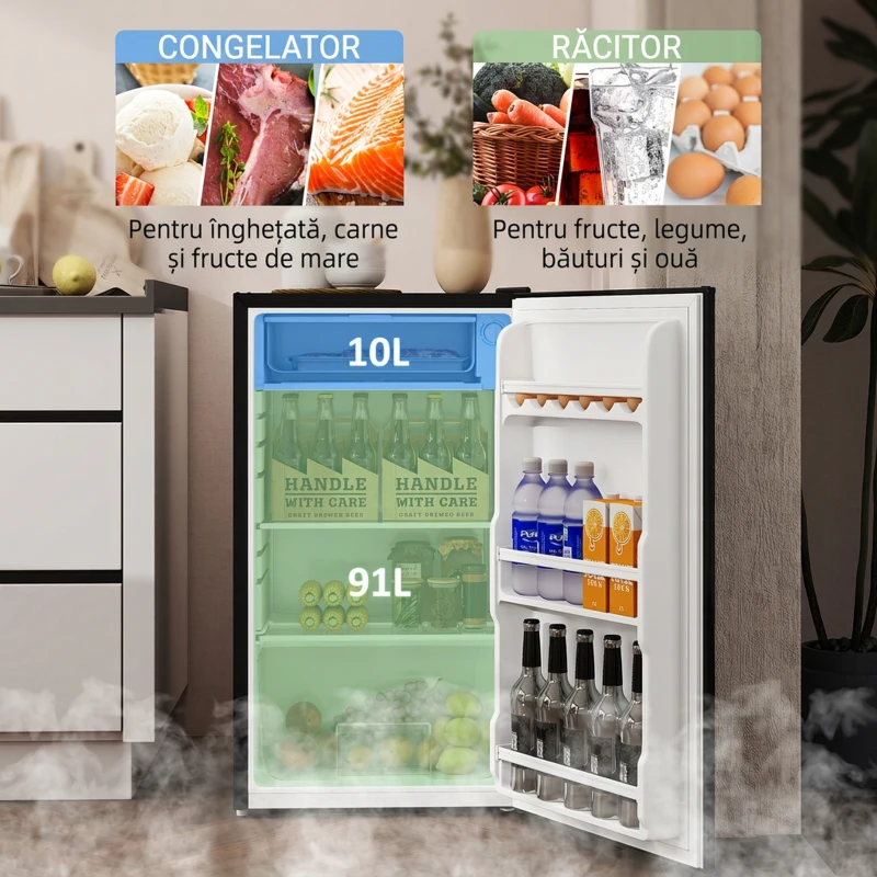 HOMCOM Mini Frigider 91L MonoPortă Reversibil cu Congelator și Temperatură Reglabilă, Negru