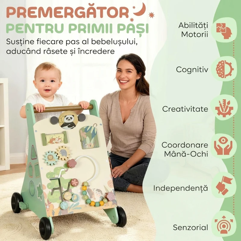AIYAPLAY Cărucior pentru Primii Pași In Lemn Con Frână Reglabil, 18+ Luni, Verde
