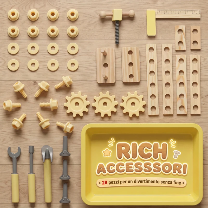 AIYAPLAY Banco da Lavoro per Bambini in Legno di Pino con 28 Accessori e Contenitore in PP, Età 3-8 Anni, Color Legno