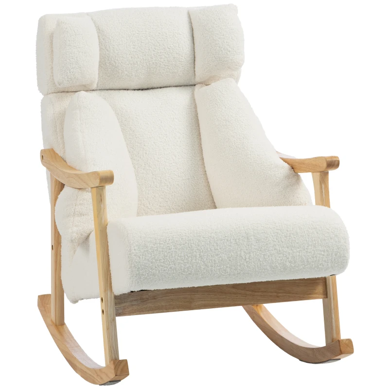 HOMCOM Fauteuil à bascule recouvert sherpa avec appuie-tête réglable et pieds en bois 65x98x88 cm Crème